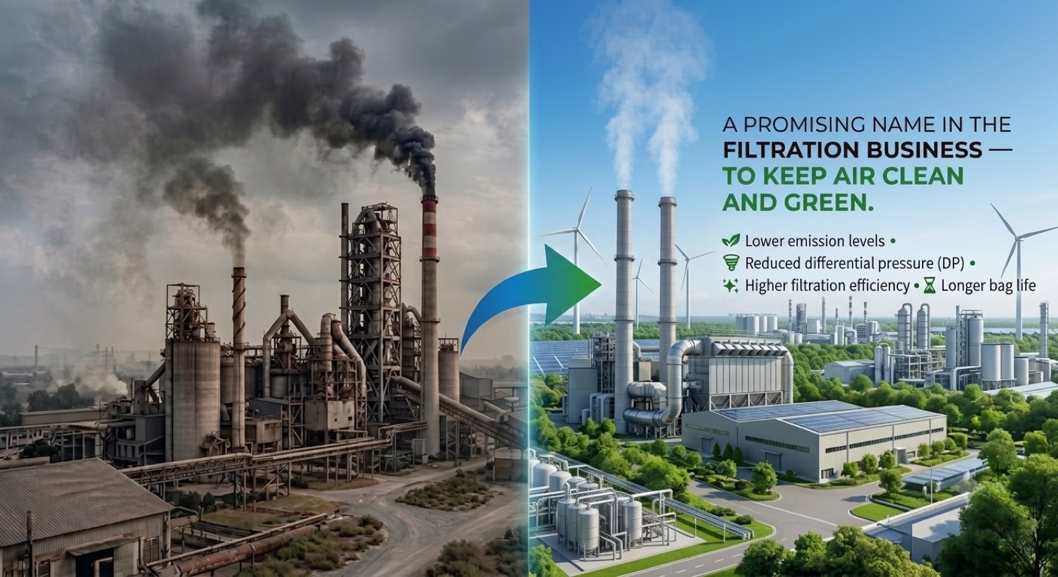 A promising name in the filtration business - to keep air clean and green. Lower emission levels, reduced differential pressure, higher filtration efficiency, longer bag life.